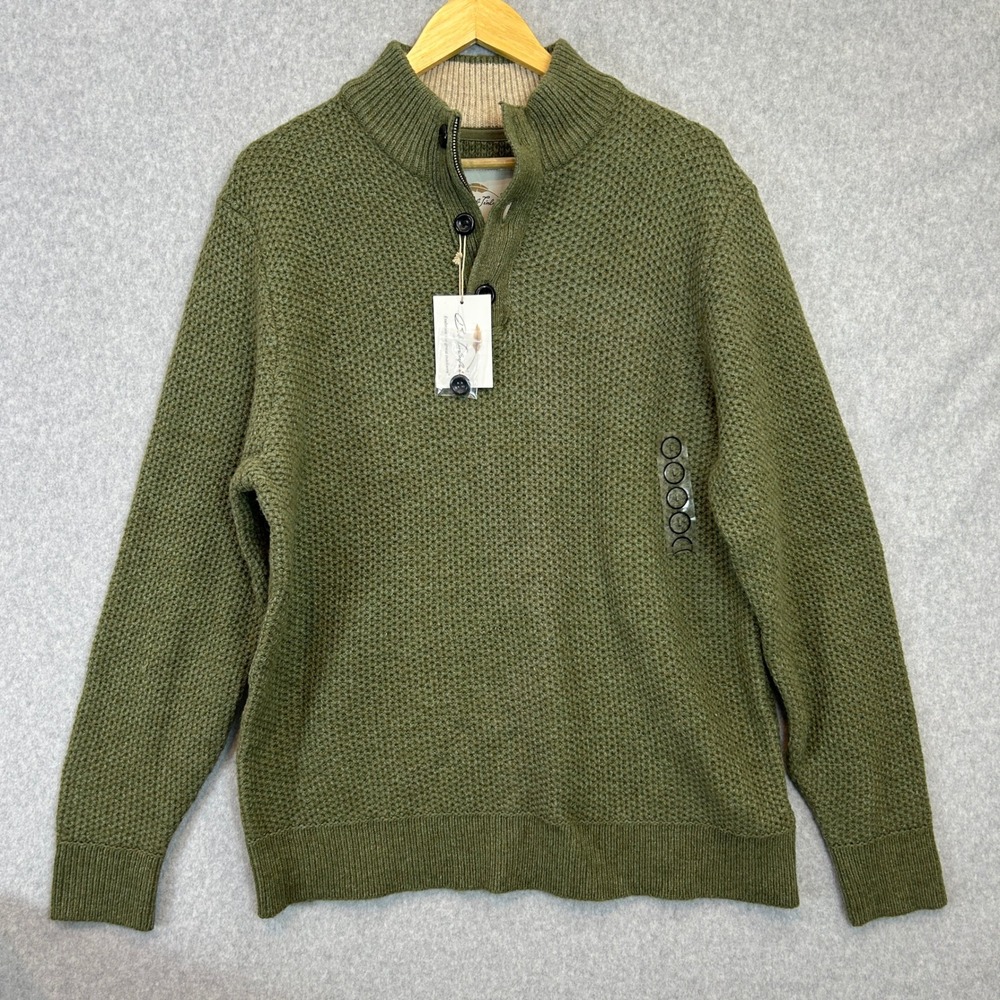 Bob Timberlake Large Pullover Sweater Olive‎ Green Waffle Knit Button Zip NEW
